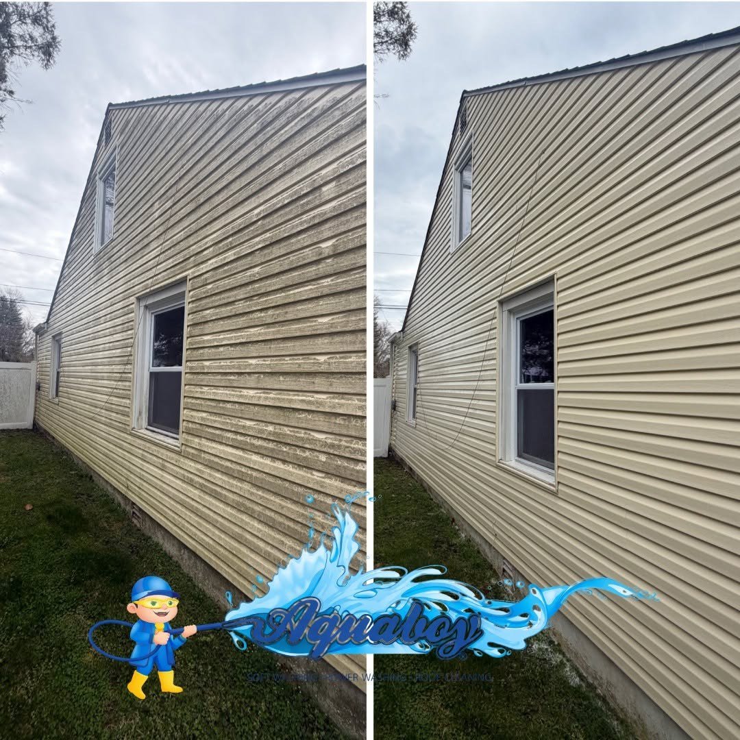 Before and after house soft washing by Aqua Boy Power Washing in South Jersey